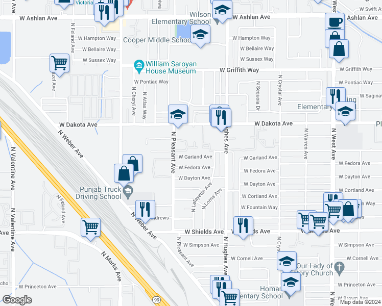 map of restaurants, bars, coffee shops, grocery stores, and more near 2340 West Garland Avenue in Fresno
