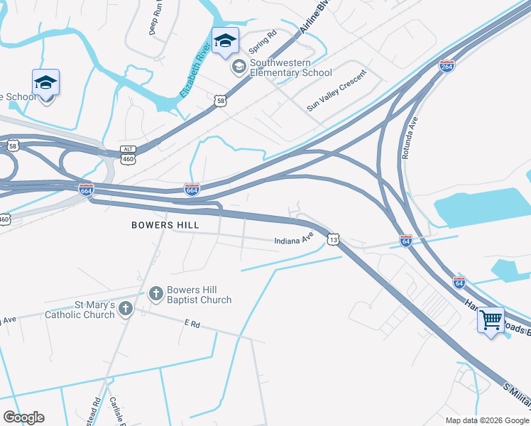 map of restaurants, bars, coffee shops, grocery stores, and more near 4445 South Military Highway in Chesapeake