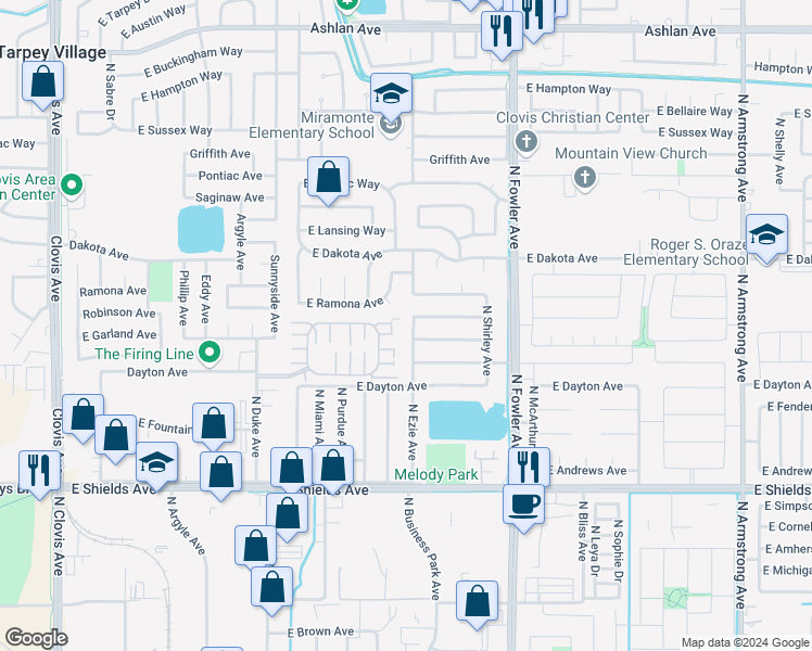 map of restaurants, bars, coffee shops, grocery stores, and more near 3683 North Ezie Avenue in Fresno