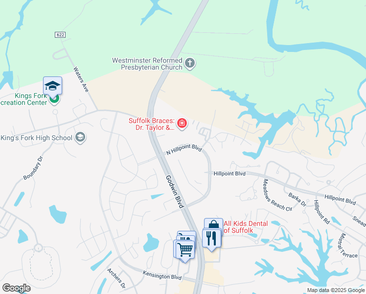 map of restaurants, bars, coffee shops, grocery stores, and more near 2034 North Hillpoint Boulevard in Suffolk