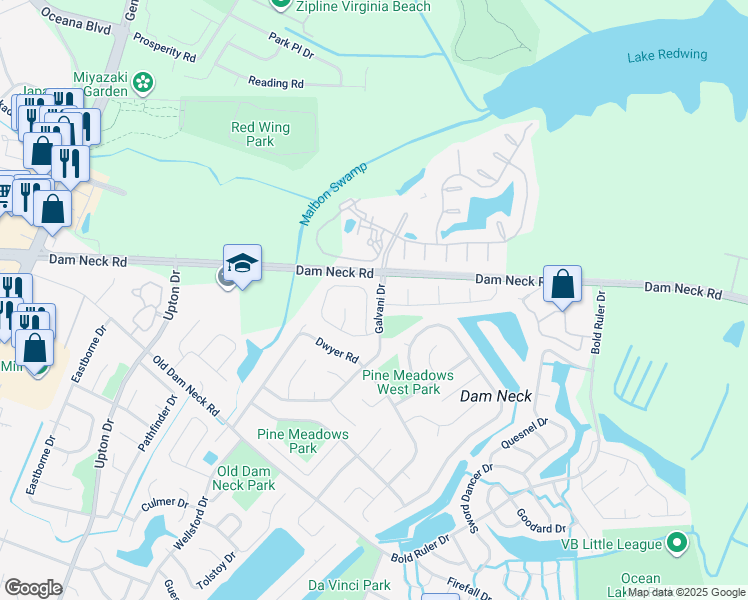 map of restaurants, bars, coffee shops, grocery stores, and more near 995 Levy Loop in Virginia Beach