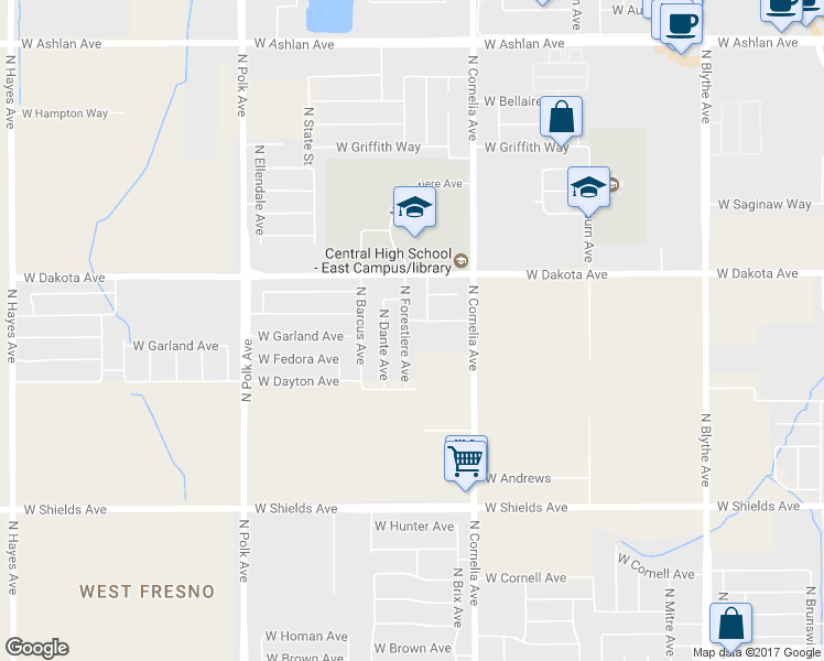 map of restaurants, bars, coffee shops, grocery stores, and more near 3370 North Forestiere Avenue in Fresno