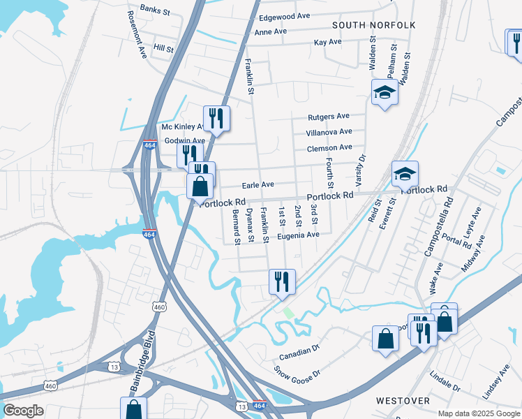 map of restaurants, bars, coffee shops, grocery stores, and more near 4102 Franklin Street in Chesapeake