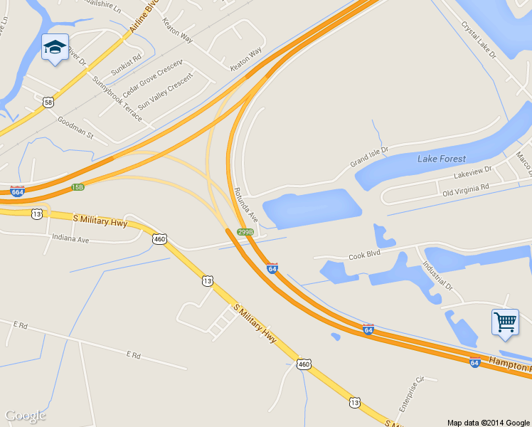 map of restaurants, bars, coffee shops, grocery stores, and more near 1407 Rotunda Avenue in Chesapeake