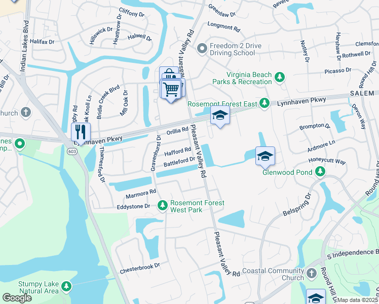 map of restaurants, bars, coffee shops, grocery stores, and more near 1317 Hafford Road in Virginia Beach