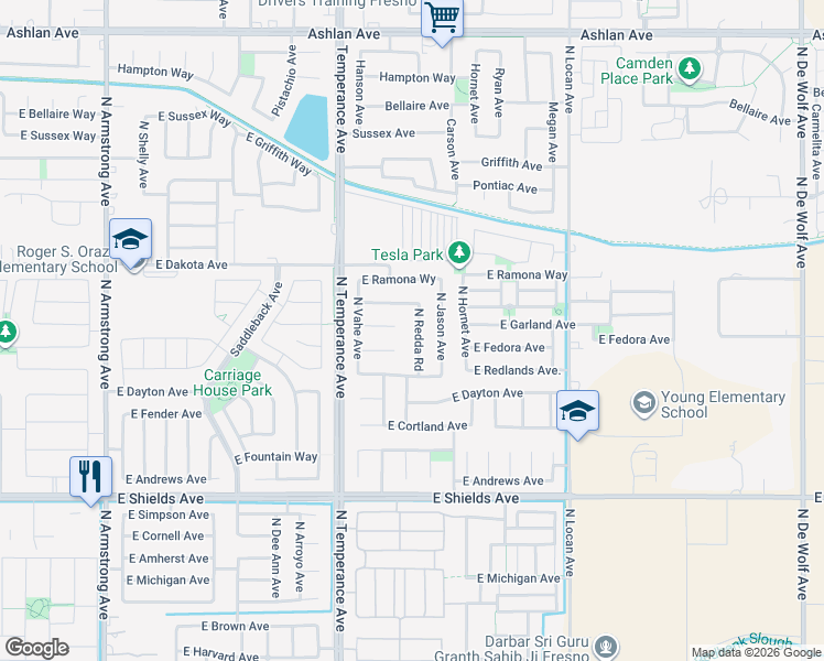 map of restaurants, bars, coffee shops, grocery stores, and more near 3381 North Redda Road in Fresno