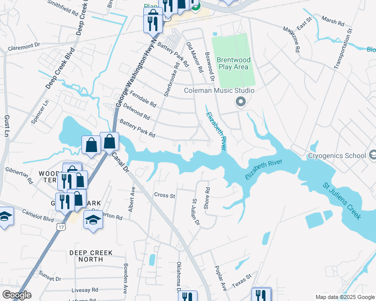 map of restaurants, bars, coffee shops, grocery stores, and more near 1105 Battery Circle in Chesapeake