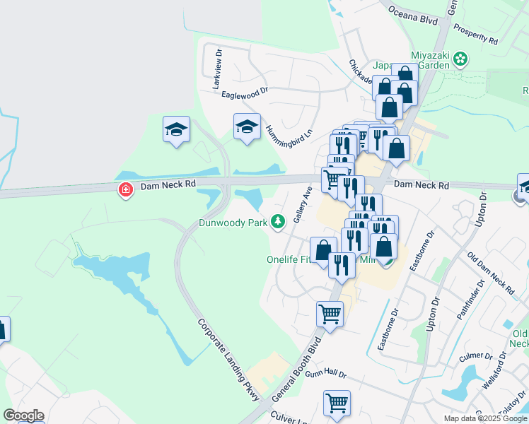 map of restaurants, bars, coffee shops, grocery stores, and more near 1216 Hubbell Drive in Virginia Beach