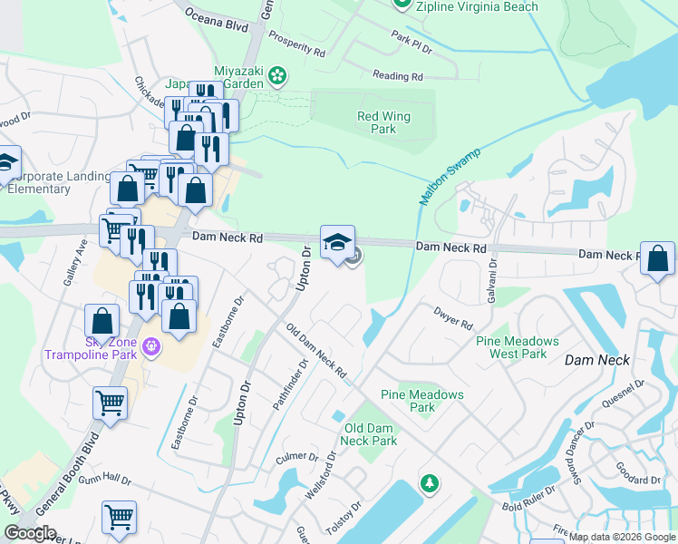 map of restaurants, bars, coffee shops, grocery stores, and more near 1616 Upton Drive in Virginia Beach