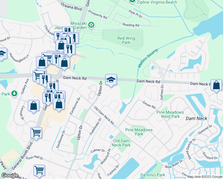 map of restaurants, bars, coffee shops, grocery stores, and more near 1616 Upton Drive in Virginia Beach