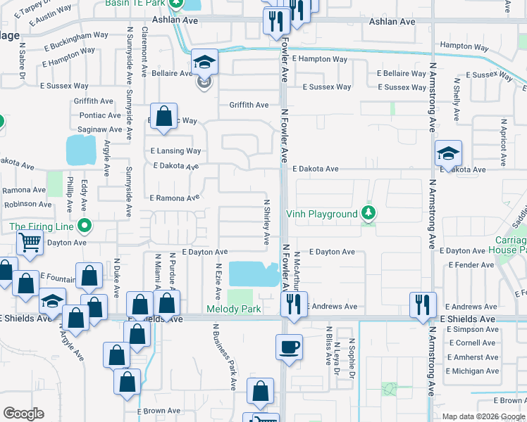 map of restaurants, bars, coffee shops, grocery stores, and more near 5962 East Robinson Avenue in Fresno