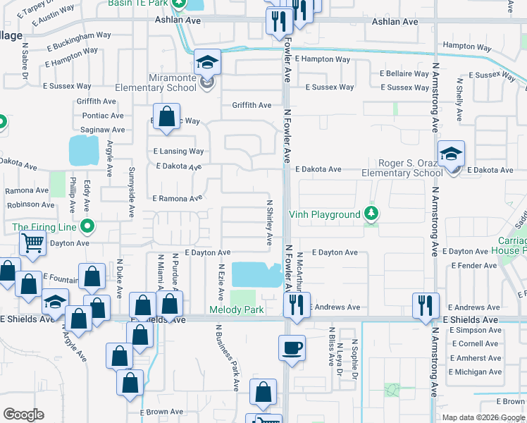 map of restaurants, bars, coffee shops, grocery stores, and more near 5962 East Robinson Avenue in Fresno
