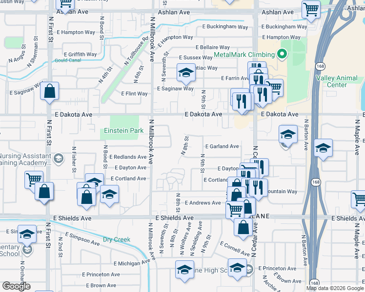 map of restaurants, bars, coffee shops, grocery stores, and more near 3650 North 8th Street in Fresno