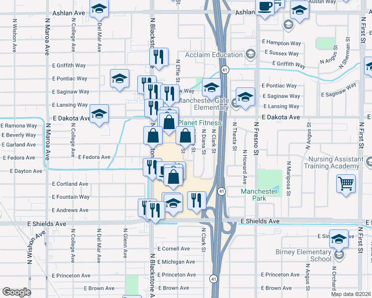 map of restaurants, bars, coffee shops, grocery stores, and more near 3691 North Effie Street in Fresno