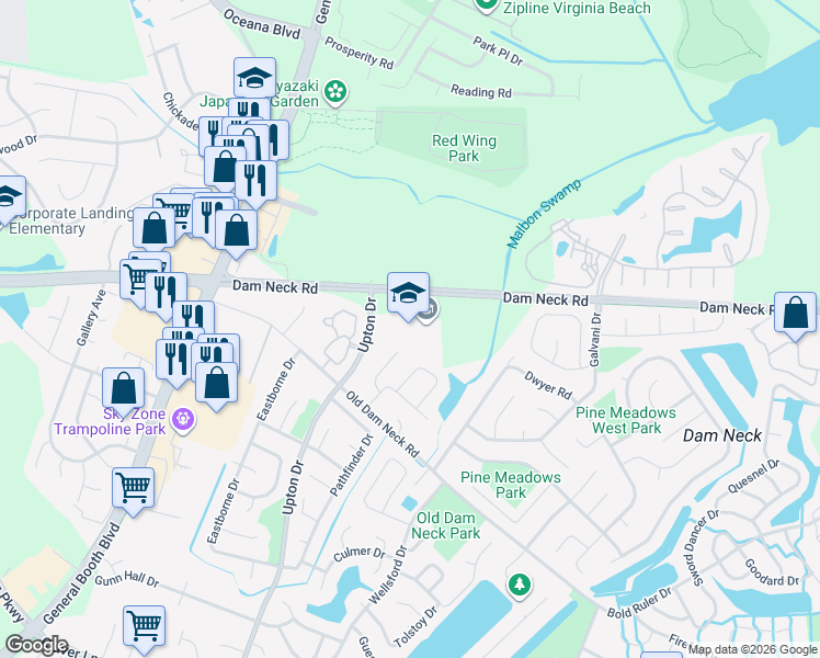 map of restaurants, bars, coffee shops, grocery stores, and more near 1616 Upton Drive in Virginia Beach