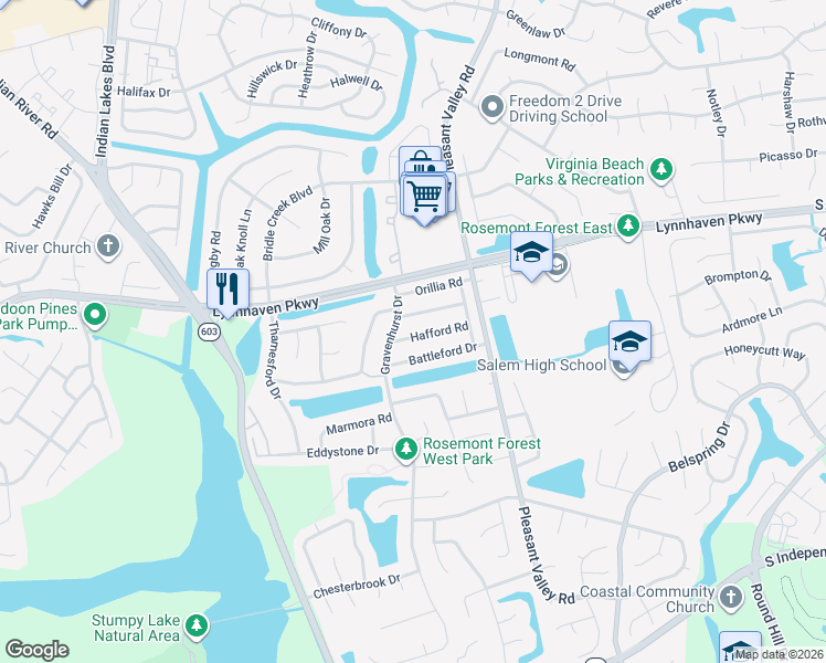 map of restaurants, bars, coffee shops, grocery stores, and more near 1354 Hafford Road in Virginia Beach
