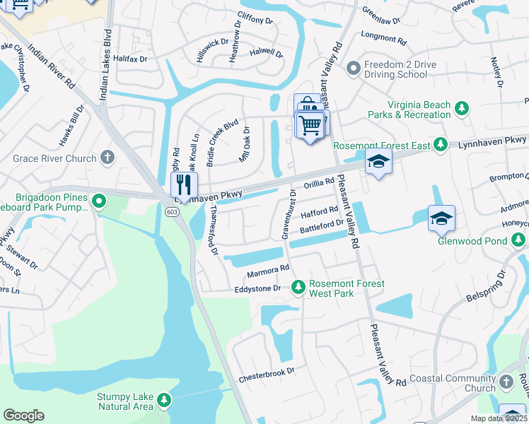 map of restaurants, bars, coffee shops, grocery stores, and more near 1517 Millington Drive in Virginia Beach