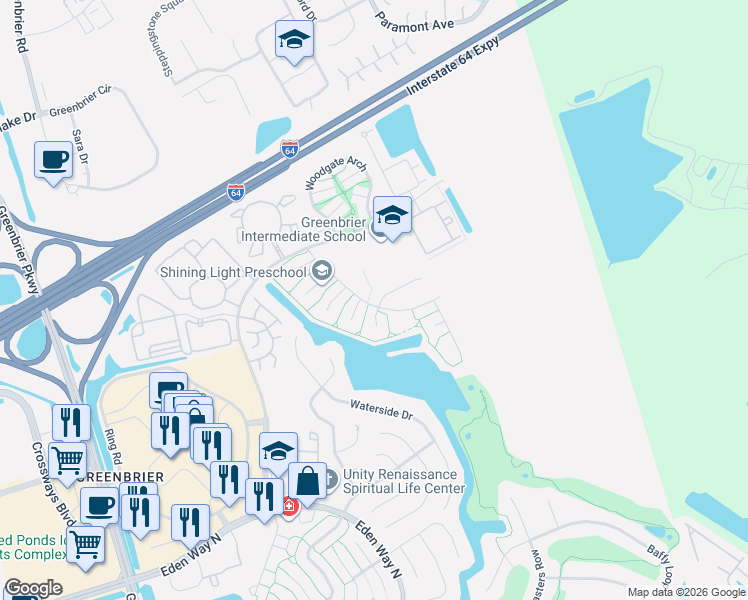 map of restaurants, bars, coffee shops, grocery stores, and more near 2000 Dawnee Brook Trail North in Chesapeake