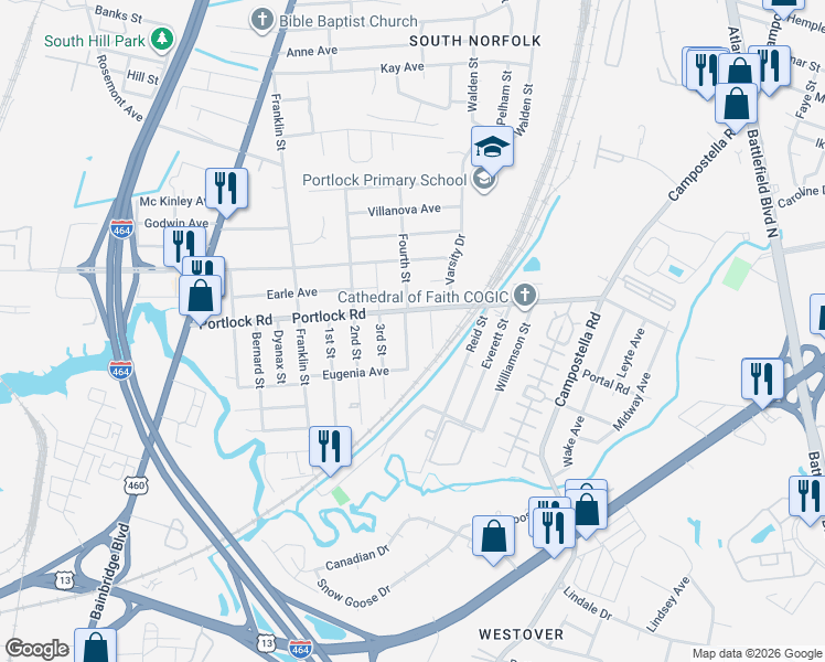 map of restaurants, bars, coffee shops, grocery stores, and more near 4105 Fourth Street in Chesapeake