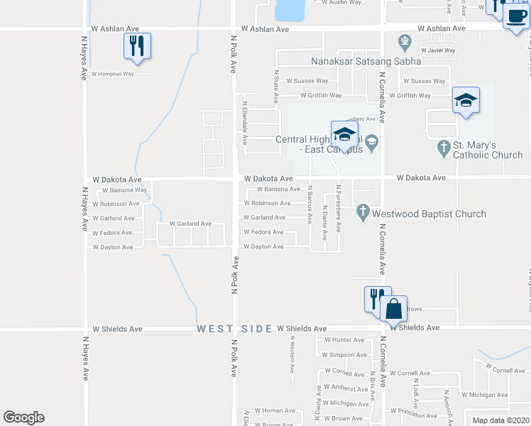 map of restaurants, bars, coffee shops, grocery stores, and more near 5396 West Garland Avenue in Fresno
