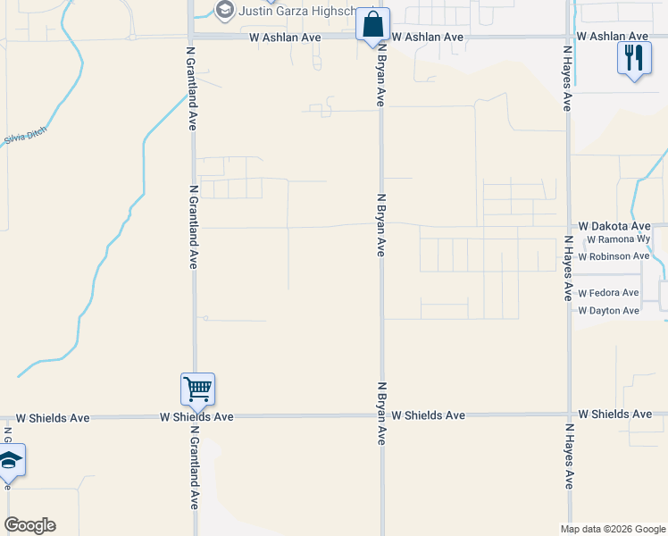 map of restaurants, bars, coffee shops, grocery stores, and more near 3377 North Bryan Avenue in Fresno