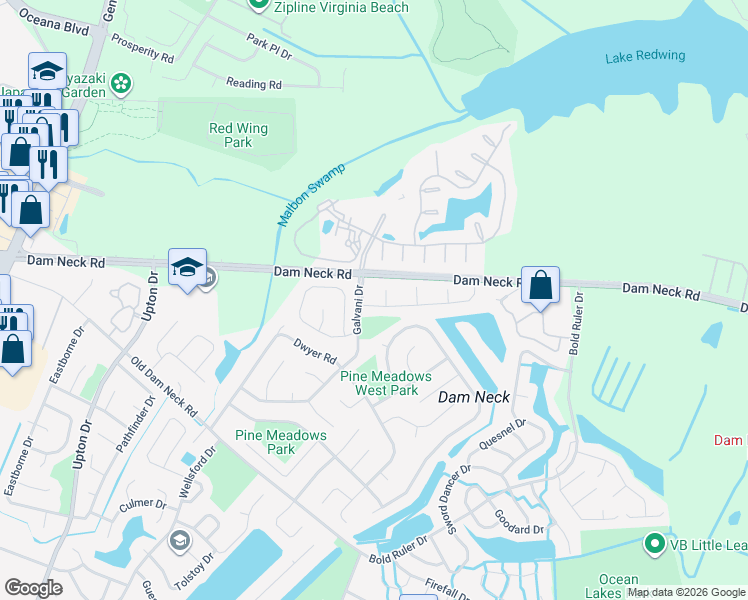 map of restaurants, bars, coffee shops, grocery stores, and more near 798 Casual Court in Virginia Beach