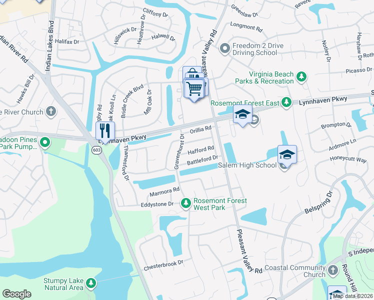 map of restaurants, bars, coffee shops, grocery stores, and more near 1354 Hafford Road in Virginia Beach