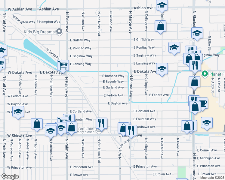 map of restaurants, bars, coffee shops, grocery stores, and more near 3682 North Wishon Avenue in Fresno