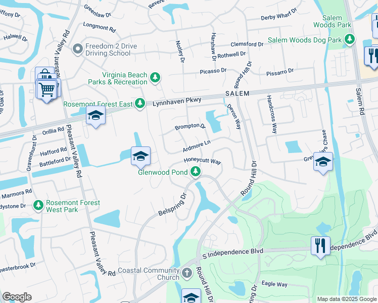 map of restaurants, bars, coffee shops, grocery stores, and more near 4669 Ardmore Lane in Virginia Beach