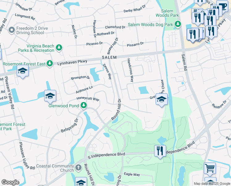 map of restaurants, bars, coffee shops, grocery stores, and more near 1692 Devon Way in Virginia Beach