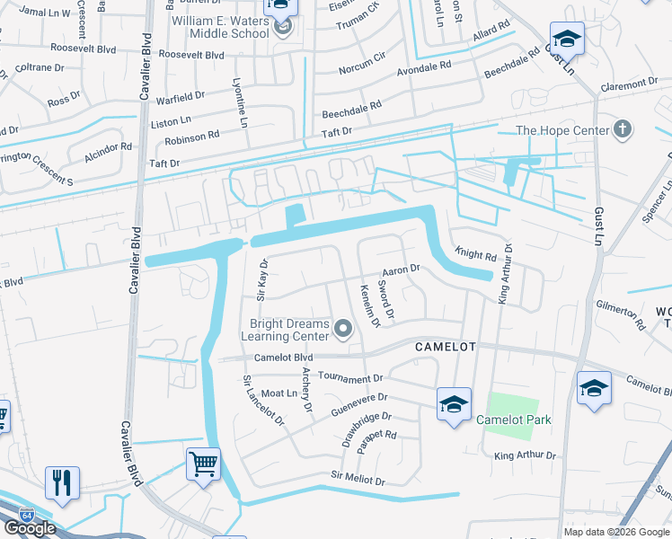 map of restaurants, bars, coffee shops, grocery stores, and more near 1204 Sir Galahad Drive in Chesapeake