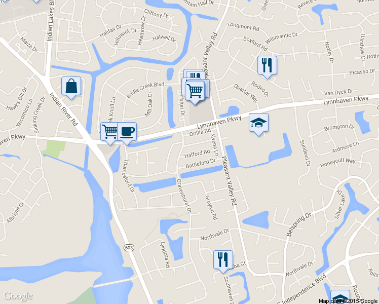 map of restaurants, bars, coffee shops, grocery stores, and more near 1354 Hafford Rd in Virginia Beach