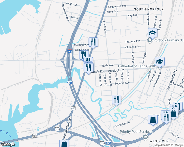 map of restaurants, bars, coffee shops, grocery stores, and more near 1106 Portlock Road in Chesapeake