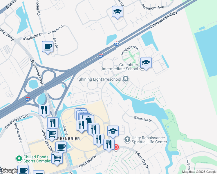 map of restaurants, bars, coffee shops, grocery stores, and more near 1729 Rock Bridge Mews in Chesapeake