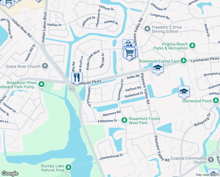 map of restaurants, bars, coffee shops, grocery stores, and more near 1517 Millington Drive in Virginia Beach