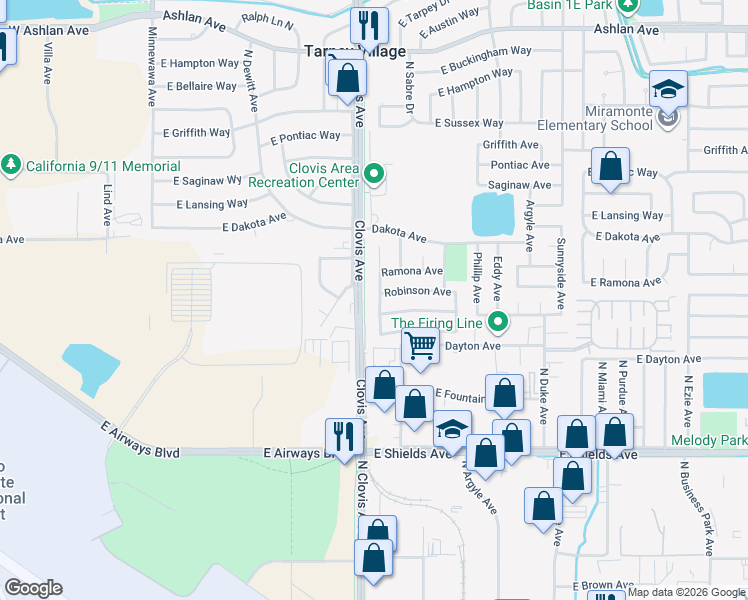 map of restaurants, bars, coffee shops, grocery stores, and more near 3730 Judy Avenue in Clovis