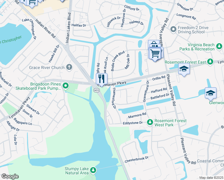 map of restaurants, bars, coffee shops, grocery stores, and more near 1305 Thamesford Drive in Virginia Beach