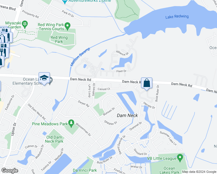 map of restaurants, bars, coffee shops, grocery stores, and more near 770 Casual Court in Virginia Beach