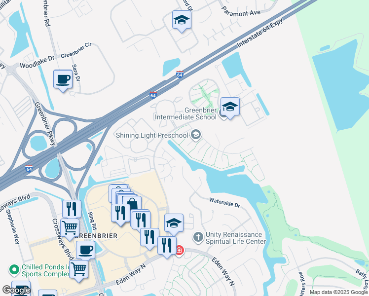 map of restaurants, bars, coffee shops, grocery stores, and more near 1900 Keeter Run in Chesapeake