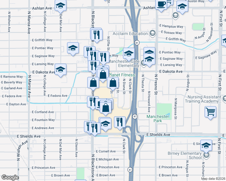 map of restaurants, bars, coffee shops, grocery stores, and more near 3691 North Effie Street in Fresno