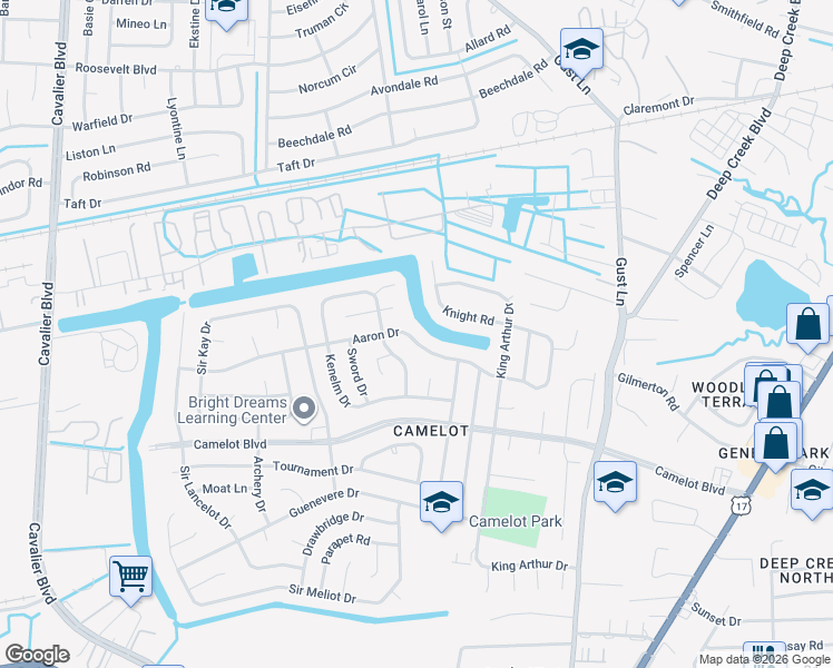 map of restaurants, bars, coffee shops, grocery stores, and more near 3024 Aaron Drive in Chesapeake