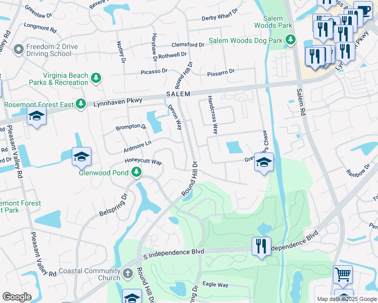 map of restaurants, bars, coffee shops, grocery stores, and more near 1692 Devon Way in Virginia Beach