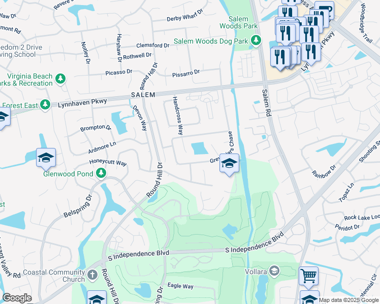 map of restaurants, bars, coffee shops, grocery stores, and more near 1716 Handcross Way in Virginia Beach