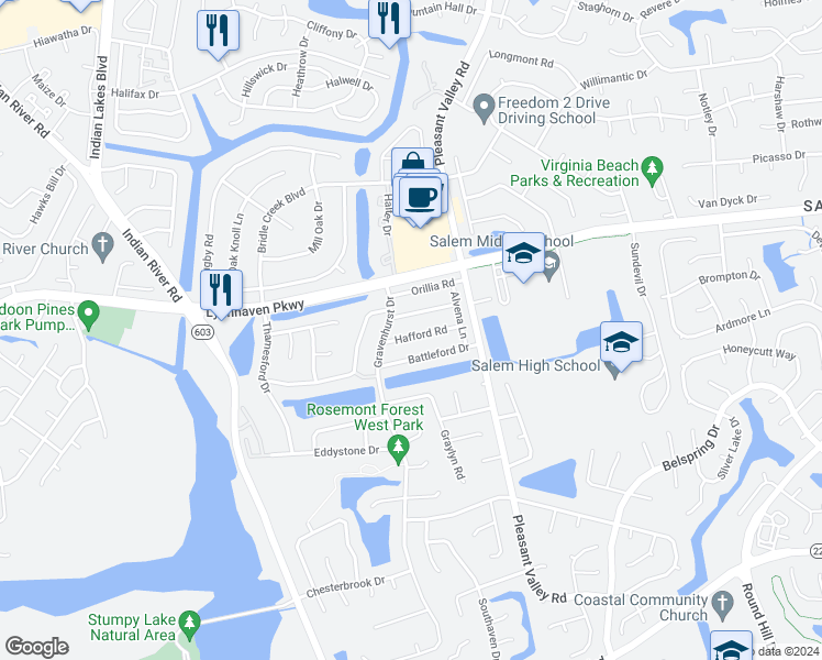 map of restaurants, bars, coffee shops, grocery stores, and more near 1348 Hafford Road in Virginia Beach