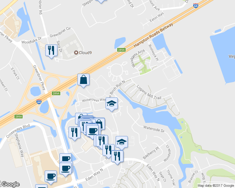 map of restaurants, bars, coffee shops, grocery stores, and more near 1725 Rock Bridge Mews in Chesapeake