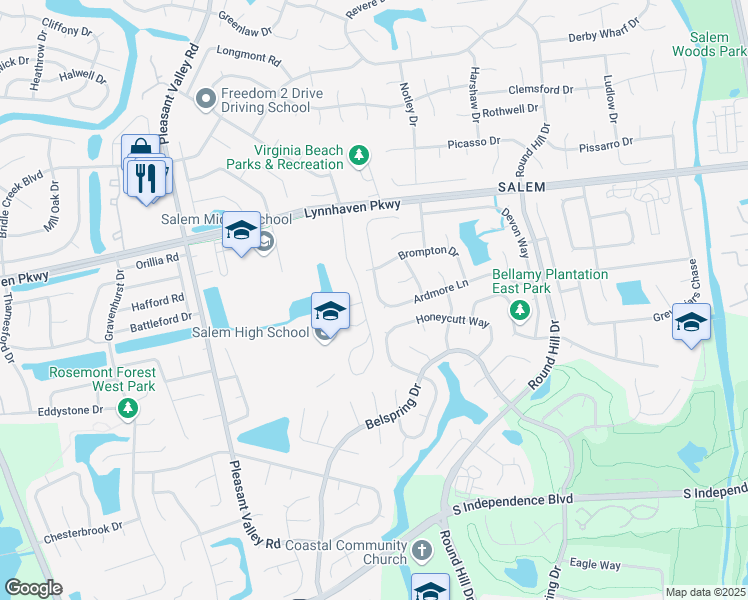 map of restaurants, bars, coffee shops, grocery stores, and more near 4709 Ardmore Lane in Virginia Beach