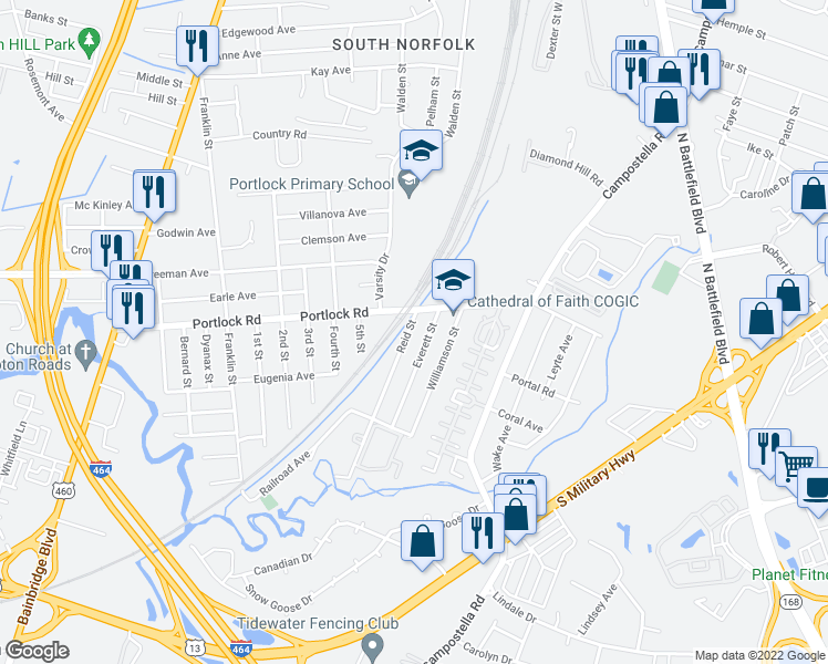 map of restaurants, bars, coffee shops, grocery stores, and more near 4111 Reid Street in Chesapeake
