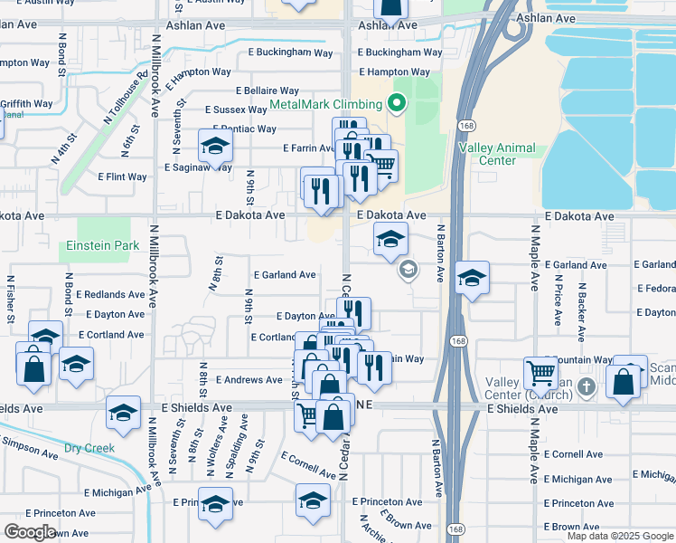 map of restaurants, bars, coffee shops, grocery stores, and more near in Fresno