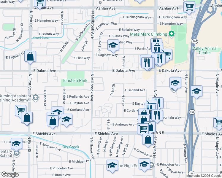 map of restaurants, bars, coffee shops, grocery stores, and more near 3650 North 8th Street in Fresno