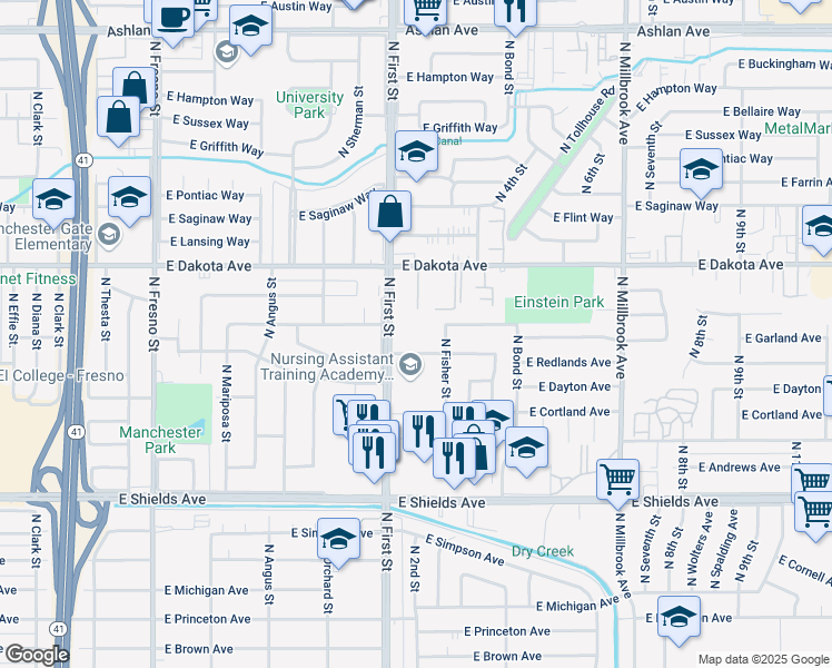 map of restaurants, bars, coffee shops, grocery stores, and more near 3225 East Redlands Avenue in Fresno